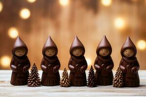 Artisan crafted chocolate Christmas carolers festive background with empty space for text photo