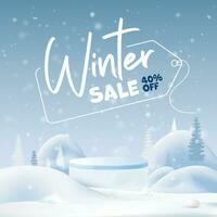 Winter sale product banner, podium platform with snow mountains and snowflakes background vector