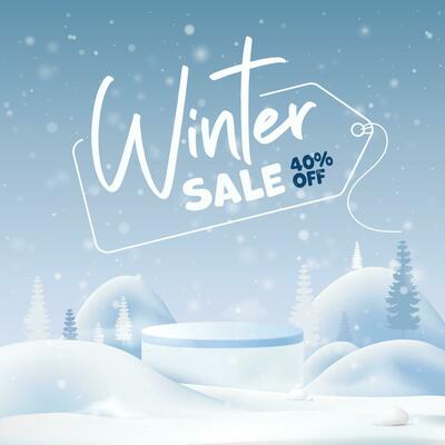 Winter sale product banner, podium platform with snow mountains and snowflakes background