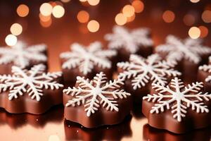 reluciente hecho a mano chocolate copos de nieve aislado en un festivo degradado antecedentes foto