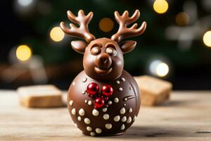 Close up of chocolate reindeer with festive decorations isolated on a white background photo