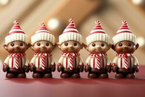 Artisan chocolate elves with candy cane accessories isolated on a gradient background photo