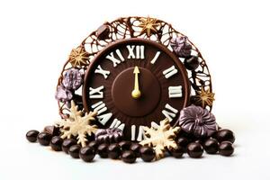 Chocolate New Years clock striking midnight with edible decorations isolated on a white background photo
