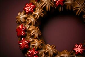 Detail oriented shot of hand molded chocolate Christmas wreaths background with empty space for text photo