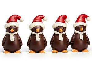 Artistic angles of chocolate Christmas Penguins with scarf and hat details isolated on a white background photo