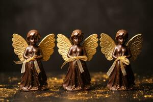 Handmade chocolate angels with gold leaf accents isolated on a gradient background photo