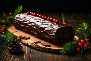 Creating a chocolate Yule log with holly decoration background with empty space for text photo