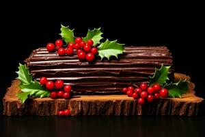 Creating a chocolate Yule log with holly decoration background with empty space for text photo