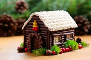 Building a chocolate log cabin adorned with festive edibles background with empty space for text photo