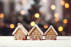 Chocolate gingerbread houses adorned with candy Christmas setting background with empty space for text photo