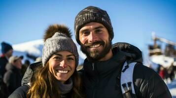 Jubilant couple partakes in challenging biathlon amidst majestic snow draped mountains photo