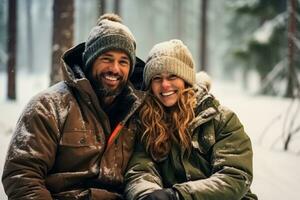 Couple happily ice fishing in snowy forest background with empty space for text photo