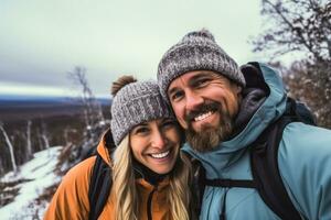 Cheerful couple photographing winter wildlife frosty National Park background with empty space for text photo