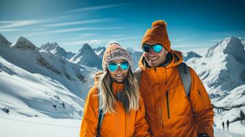 Ecstatic couple embarking on a picturesque alpine skiing journey under azure skies photo