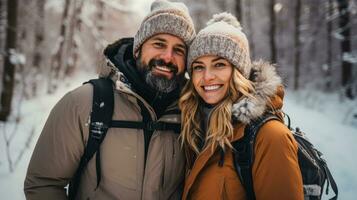 Charming couple enthusiastically capturing winter wildlife images in a frosty National Park photo