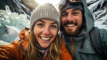 Thrilled couple conquering a shimmering frozen waterfall during exhilarating ice climb photo