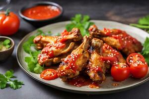 Grilled chicken wings with tomato sauce on plate AI generated photo