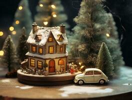 Mini Toy Christmas Car House AI Generative photo