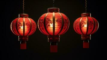 Chinese red lanterns. Chinese festive decorations. Traditional asian new year red lamps. AI generated photo