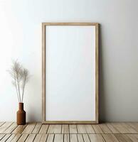 Old wooden frame mockup close up on white wall, 3d render.AI Generative photo