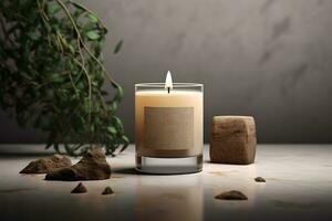 burning candle on beige background. Home interior, comfort, spa, relax and wellness. ai generative photo