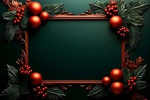 christmas frame with red and gold decorations on a green background. generative ai photo