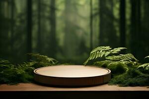 an empty wooden podium with a forest backdrop. ai generative photo