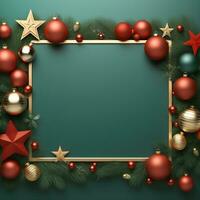 christmas frame with red and gold decorations on a green background. generative ai photo