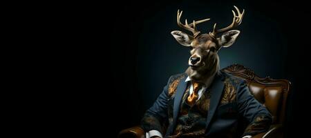 portrait of a a deer wearing  suit  and tie, copy space. AI Generative photo