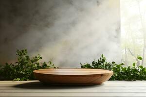 a wooden bowl on a wooden table in front of a window. ai generative photo