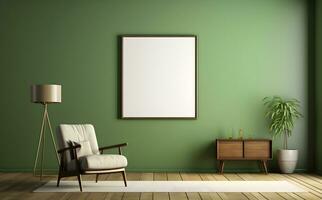 Poster frame mockup in dark green living room interior, 3d render. ai generative photo