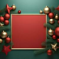 christmas frame with red and gold decorations on a green background. generative ai photo