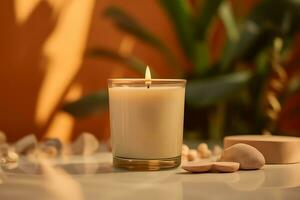 burning candle on beige background. Home interior, comfort, spa, relax and wellness. ai generative photo