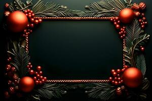 christmas frame with red and gold decorations on a green background. generative ai photo