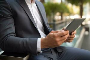 Businessman holding digital tablet in the office. Business and technology concept. Generative AI photo