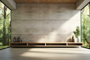 Interior of modern loft with concrete floor and panoramic windows.  Generative AI photo