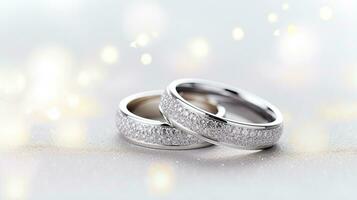 Wedding rings on a white background with sparkles and stars.  Generative AI photo