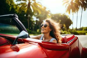 verano vacaciones, vacaciones, la carretera viaje y personas concepto - sonriente joven mujer conducción convertible coche. generativo ai foto