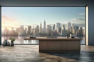 Luxury kitchen interior with white marble countertop, sink and window with panoramic view. Generative AI photo