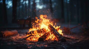 Bonfire in the forest at night. Camping and travel concept. Generative AI photo