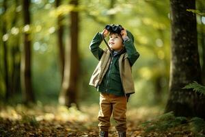 Little boy looking through binoculars in the park. Kid exploring nature.  Generative AI photo