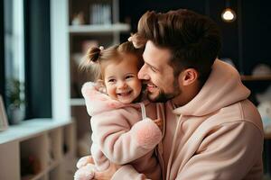 sonriente y contento padre y hija gasto el fin de semana en un calentar hogar. generativo ai foto