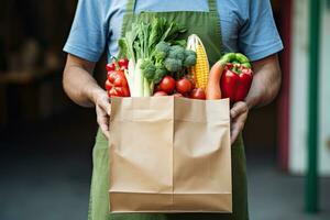 Man holding grocery shopping bag full of fresh vegetables and fruits standing in the supermarket. Food delivery service. Generative AI photo