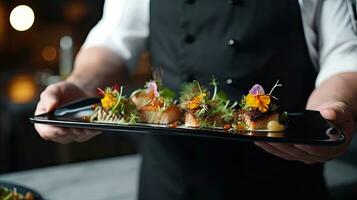 Close-up of a waiter holding a tray with delicious appetizers. Generative AI photo