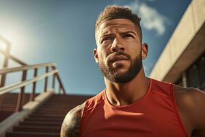 Feeling confident. Half-length portrait of young african-american man in sports clothing looking away while standing outdoors. Generative AI photo