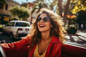 verano vacaciones, vacaciones, la carretera viaje y personas concepto - sonriente joven mujer conducción convertible coche. generativo ai foto