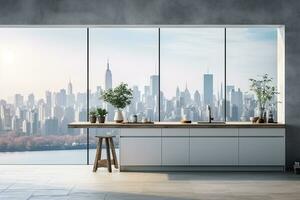 Luxury kitchen interior with white marble countertop, sink and window with panoramic view. Generative AI photo