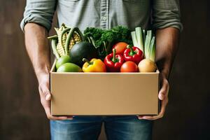 Box with fresh organic vegetables and fruits. Healthy food shopping concept. Generative AI photo