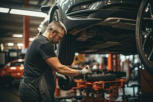 selective focus of handsome auto mechanic in uniform repairing car in auto repair shop. Generative AI photo