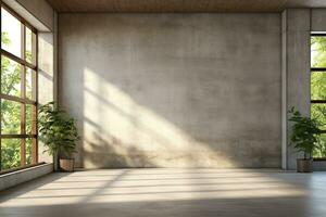 Interior of modern loft with concrete floor and panoramic windows.  Generative AI photo